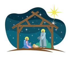 cartão de feliz natal feliz com a sagrada família no estábulo
