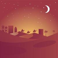 cartão de feliz natal feliz com reis mágicos em silhuetas de camelos cena do deserto vetor