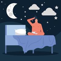 homem sentado na cama cena noturna sofrendo de personagem de insônia vetor