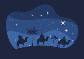 cartão de feliz natal feliz com reis mágicos em camelos vetor