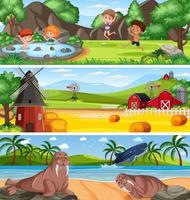 conjunto de diferentes paisagens naturais em cena diurna com personagem de desenho animado vetor