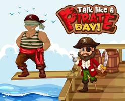 fale como um banner de fonte do dia do pirata com o personagem de desenho animado do pirata vetor