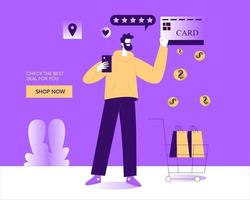 homem, compras online e pagamento com vetor de conceito de ilustração de cartão de crédito