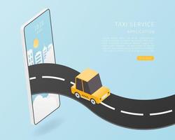 táxi inteligente. conceito de serviço de táxi online. vetor plano isométrico com carro táxi, mapa e smartphone. ilustração vetorial.