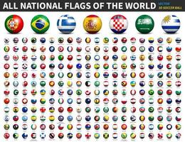 todas as bandeiras nacionais do mundo. Bola de futebol 3D ou design de futebol. vetor.
