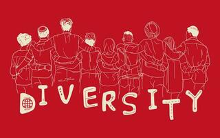 grupo do pessoas a partir de diferente raças abraço cada outro, com a inscrição diversidade em vermelho fundo vetor