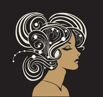 arte novo, deco estilo ilustração do uma Preto mulher com redemoinho cabelo estilo, pérola cabelo acentos vetor