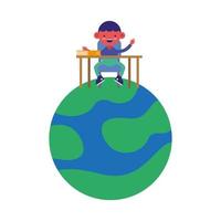 menino estudante sentado na mesa no personagem de quadrinhos do planeta vetor