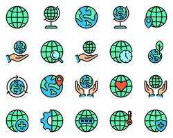 conjunto do 20 mundo globo cor linha ícones. Internet, GPS, salvar, rede, universal, mapa, global, cartografia, logística, planeta, geografia vetor
