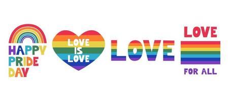 mês do orgulho LGBT em junho. um conjunto com um coração, uma bandeira, um arco-íris e inscrições. imagem vetorial para pôsteres, cartões postais vetor