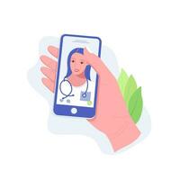 cuidados de saúde Móvel serviço conceito. mão detém Smartphone com conectados médico consulta em tela. na moda plano estilo. vetor ilustração.