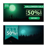 venda de halloween, dois lindo desconto moderno banner com paisagem noturna em segundo plano. dois banners de descontos modernos com até 50 de desconto. vetor