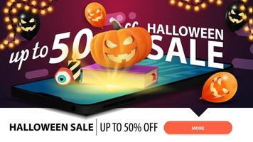 Venda de halloween, banner rosa horizontal moderno para site com smartphone a partir do qual é projetado livro de feitiços e jack de abóbora vetor