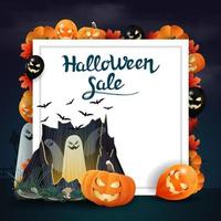 venda de halloween, banner de desconto em forma de folha de papel com decoração de halloween, portal com fantasmas e jack de abóbora. banner modelo quadrado com balões de halloween, abóbora, fantasma e folhas de outono vetor