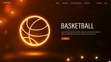 uma rede bandeira com uma brilhante néon basquetebol bola em uma Sombrio laranja fundo. uma placa em a tema Esportes. vetor