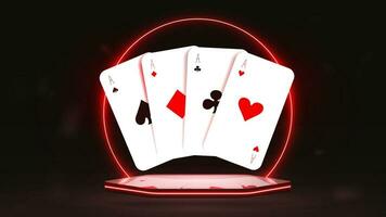 realista pôquer cartões em uma brilhante néon pódio com uma brilhante arco. uma conceito para uma casino. vetor
