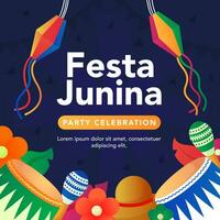 festa junina ilustração com festa bandeiras, musical instrumentos e papel lanternas para social meios de comunicação postar vetor