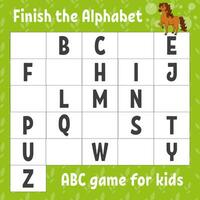 termine o alfabeto. jogo abc para crianças. planilha de desenvolvimento educacional. jogo de aprendizagem para crianças. página de atividades de cores. vetor