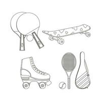 skate, rolos, raquete e bola para grande tênis. esporte equipamento. ginástica inventário. linha arte. vetor