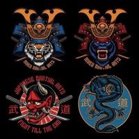 Pacote de designs de camisetas coloridas de samurai vetor