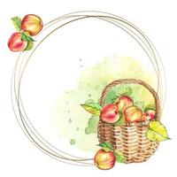 moldura redonda com cesta de maçãs. aquarela. vetor