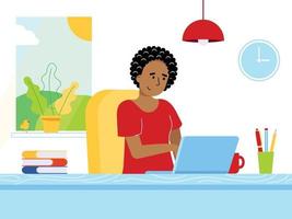 empresária freelance feminina relaxante trabalhando no laptop no escritório em casa. mulher, caderno, mesa, livros, caneta, lápis, lâmpada, xícara de café, janela, relógio, ilustração em vetor estilo simples isolada