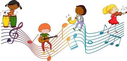 símbolos de melodia musical com muitos personagens de desenhos animados de doodle para crianças vetor