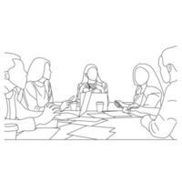 vetor o negócio encontro discussão entre trabalhador dentro cafeteria volta mesa desenho animado linha arte. o negócio Treinamento e apresentação conceito. contínuo linha desenhando do escritório trabalhadores às o negócio encontro