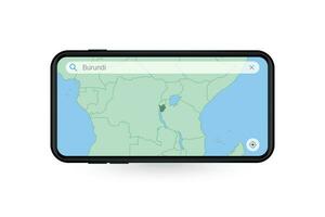 procurando mapa do Burundi dentro Smartphone mapa aplicativo. mapa do Burundi dentro célula telefone. vetor