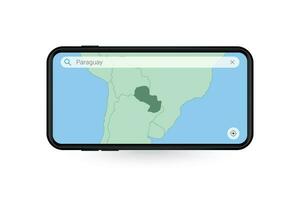 procurando mapa do Paraguai dentro Smartphone mapa aplicativo. mapa do Paraguai dentro célula telefone. vetor