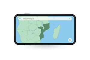 procurando mapa do Moçambique dentro Smartphone mapa aplicativo. mapa do Moçambique dentro célula telefone. vetor