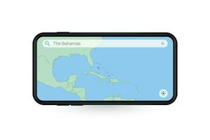 procurando mapa do a bahamas dentro Smartphone mapa aplicativo. mapa do a bahamas dentro célula telefone. vetor