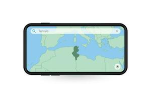 procurando mapa do Tunísia dentro Smartphone mapa aplicativo. mapa do Tunísia dentro célula telefone. vetor