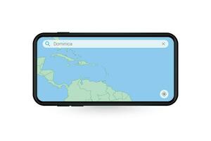 procurando mapa do dominica dentro Smartphone mapa aplicativo. mapa do dominica dentro célula telefone. vetor