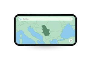 procurando mapa do Sérvia dentro Smartphone mapa aplicativo. mapa do Sérvia dentro célula telefone. vetor