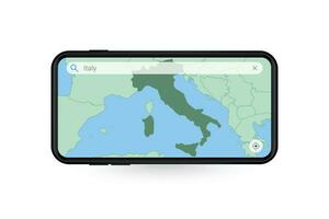 procurando mapa do Itália dentro Smartphone mapa aplicativo. mapa do Itália dentro célula telefone. vetor