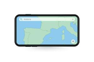 procurando mapa do andorra dentro Smartphone mapa aplicativo. mapa do andorra dentro célula telefone. vetor