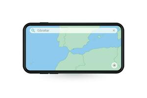 procurando mapa do Gibraltar dentro Smartphone mapa aplicativo. mapa do Gibraltar dentro célula telefone. vetor