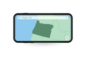 procurando mapa do Oregon dentro Smartphone mapa aplicativo. mapa do Oregon dentro célula telefone. vetor