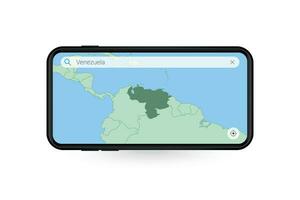 procurando mapa do Venezuela dentro Smartphone mapa aplicativo. mapa do Venezuela dentro célula telefone. vetor
