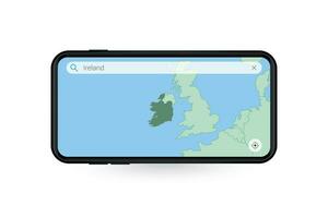 procurando mapa do Irlanda dentro Smartphone mapa aplicativo. mapa do Irlanda dentro célula telefone. vetor