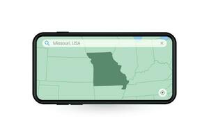 procurando mapa do Missouri dentro Smartphone mapa aplicativo. mapa do Missouri dentro célula telefone. vetor