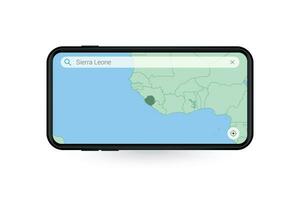 procurando mapa do serra leone dentro Smartphone mapa aplicativo. mapa do serra leone dentro célula telefone. vetor