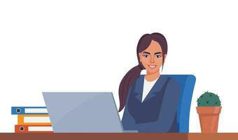 mulher de trabalhador de escritório em um terno trabalhando em um computador portátil em sua mesa de escritório. ilustração em vetor estilo simples.