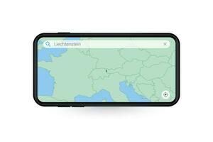 procurando mapa do liechtenstein dentro Smartphone mapa aplicativo. mapa do liechtenstein dentro célula telefone. vetor