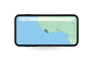 procurando mapa do Libéria dentro Smartphone mapa aplicativo. mapa do Libéria dentro célula telefone. vetor