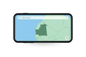 procurando mapa do Mauritânia dentro Smartphone mapa aplicativo. mapa do Mauritânia dentro célula telefone. vetor