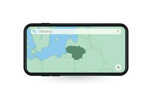 procurando mapa do Lituânia dentro Smartphone mapa aplicativo. mapa do Lituânia dentro célula telefone. vetor