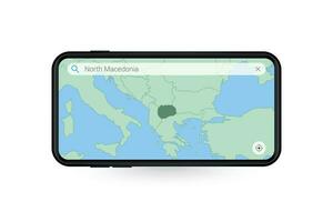 procurando mapa do Macedônia dentro Smartphone mapa aplicativo. mapa do Macedônia dentro célula telefone. vetor