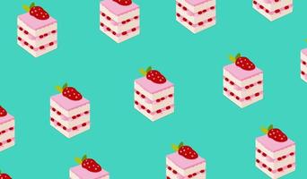 bolo de morango com frutas frescas cobrindo o projeto do teste padrão plano vector.cute padrão de sobremesa. vetor